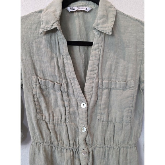 Zara Linen Crinkle Shirt Dress Sz S Light Green Quiet Luxury EuropeanTravel Chic - Picture 7 of 8